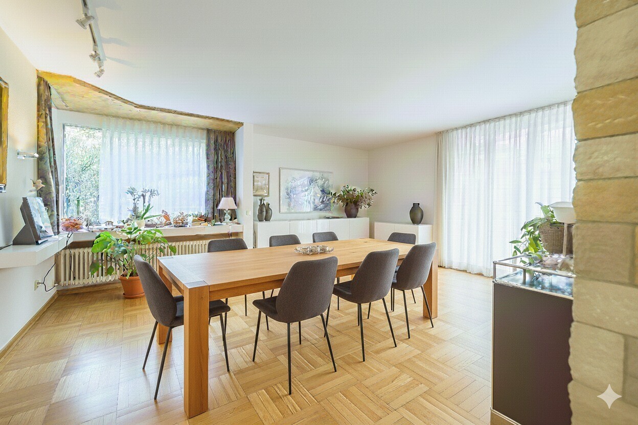 Heller Essbereich mit großem Holztisch