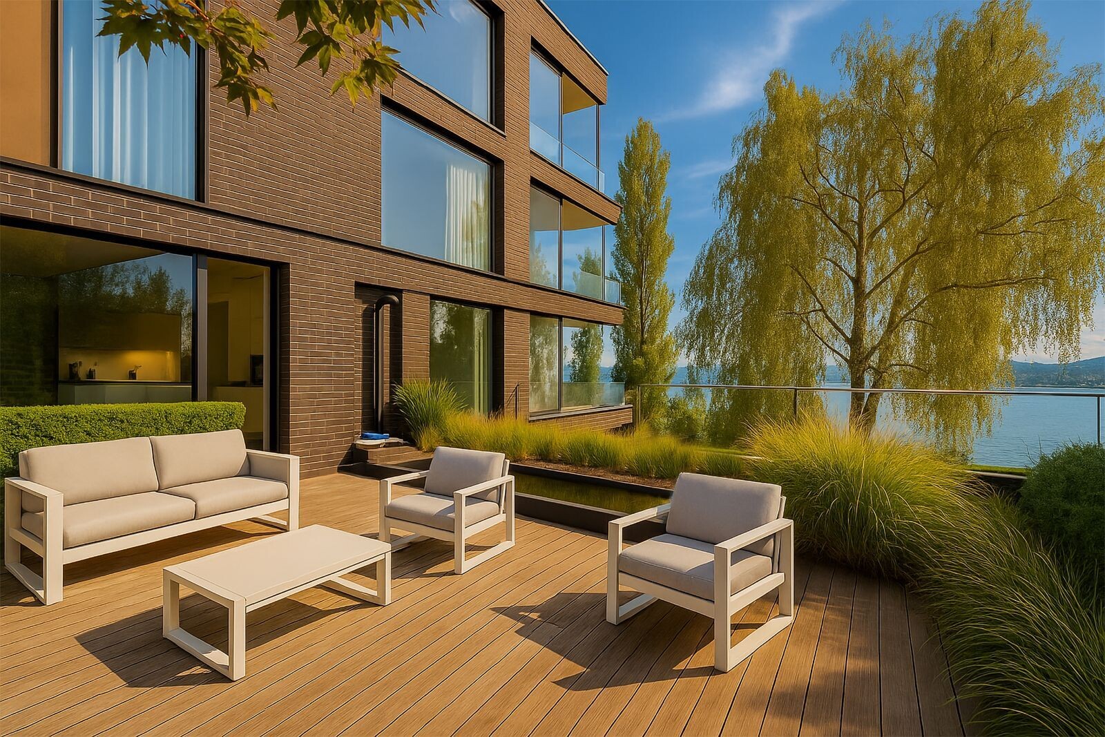 Luxuriöse Seeterrasse mit moderner Wohnfassade