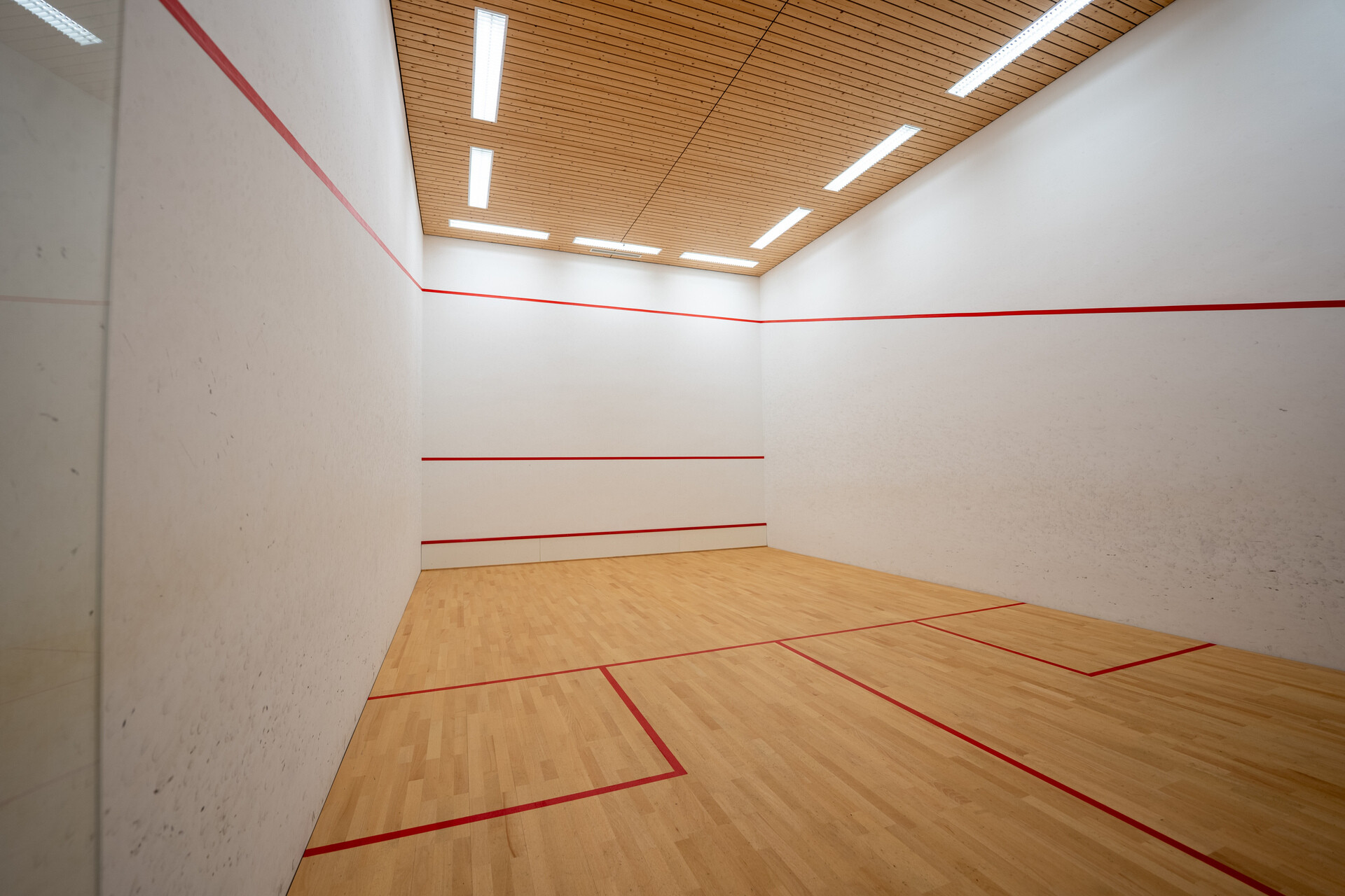Squash-/Sportraum mit Holzverkleidung und Markierungen