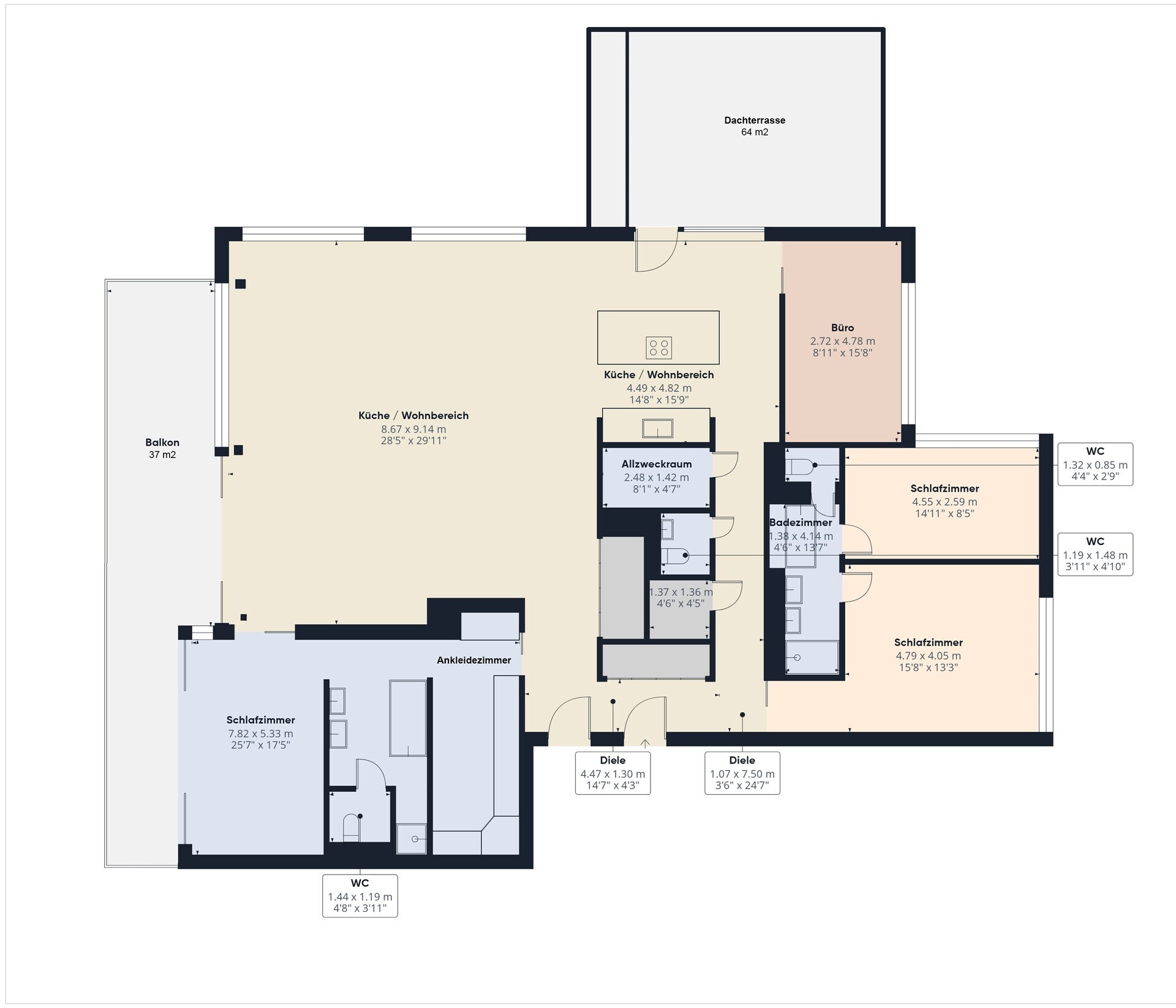Grundriss einer Wohnung mit Dachterrasse und Balkon