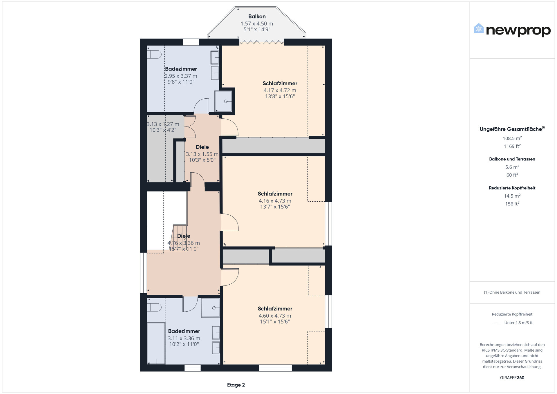 Grundriss einer Etage mit Schlafzimmern und Bädern
