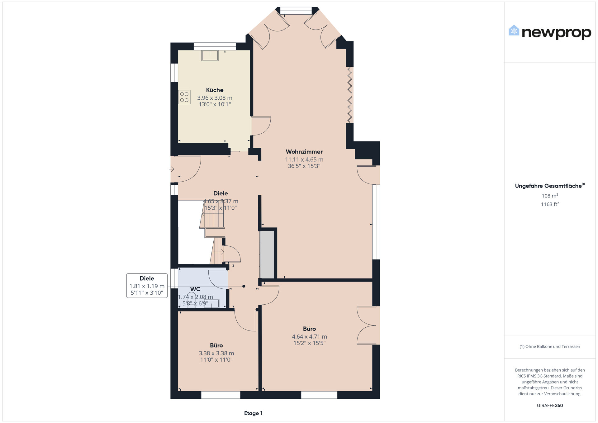 Grundriss einer Wohnung mit drei Zimmern, Küche und WC