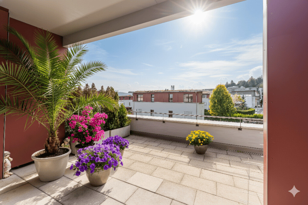 Sonnige Terrasse mit Pflanzen