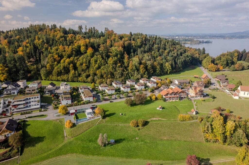 Luftaufnahme einer Wohnsiedlung am Waldrand mit Seeblick
