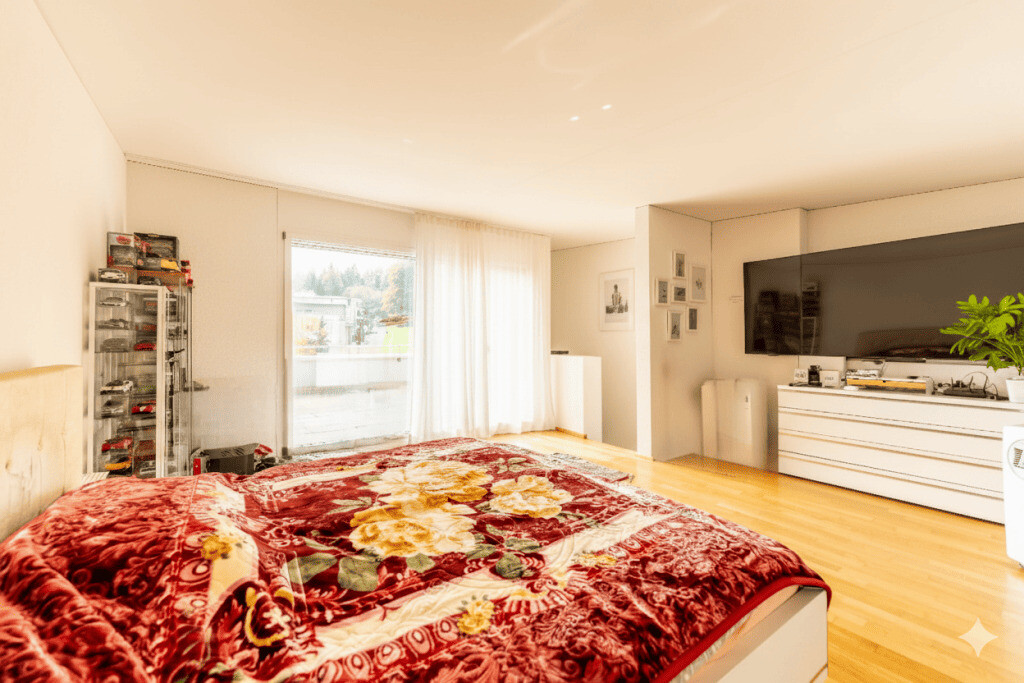 Helles Schlafzimmer mit Balkon und TV-Wand