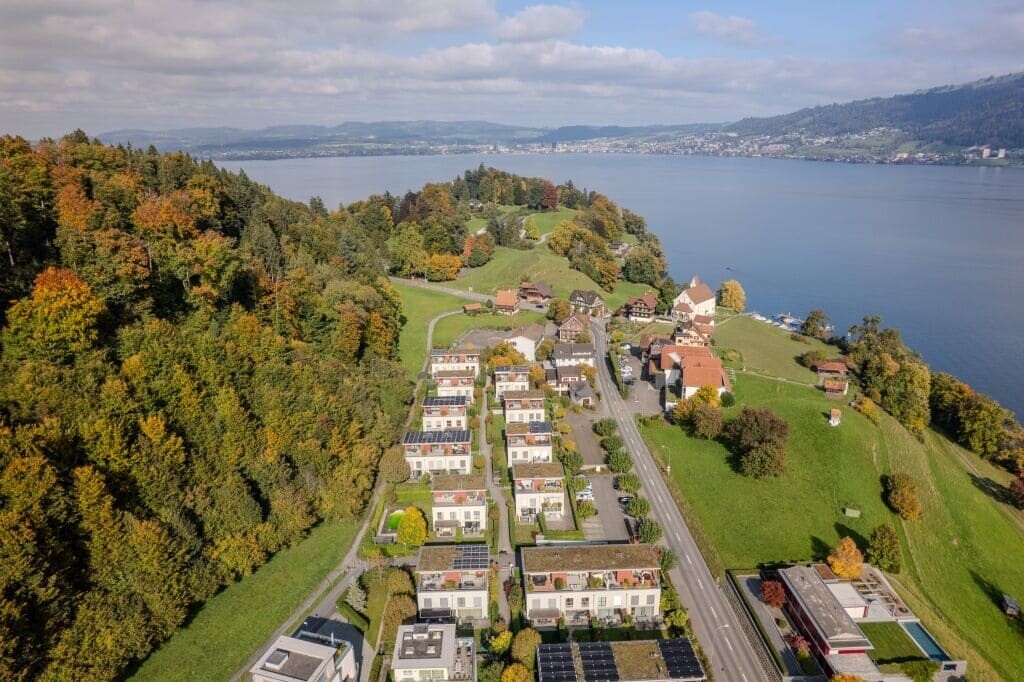 Luftaufnahme eines Wohngebiets am See