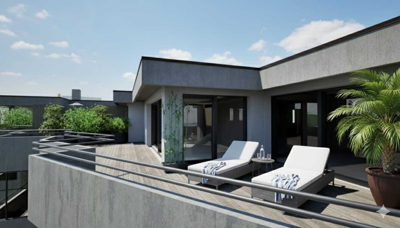 Moderne Dachterrasse mit Sonnenliegen