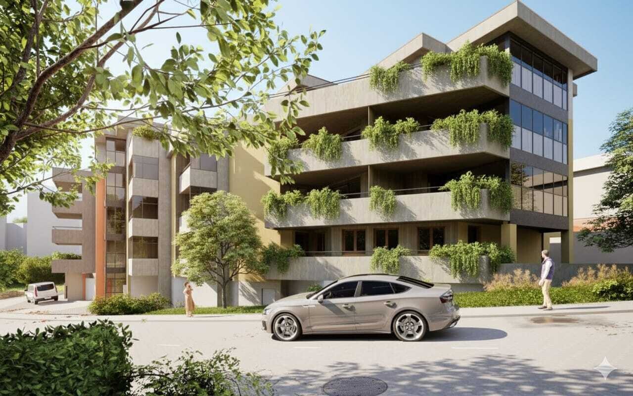 Modernes Mehrfamilienhaus mit begrünten Balkonen