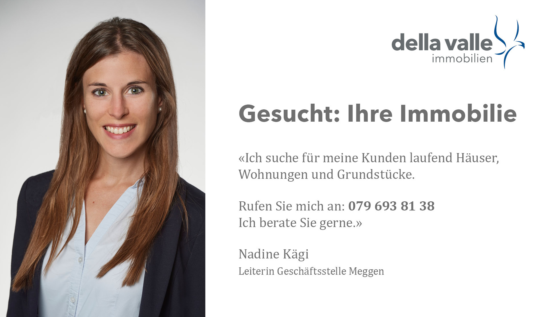 Werbeanzeige mit Maklerin und Immobilien-Logo