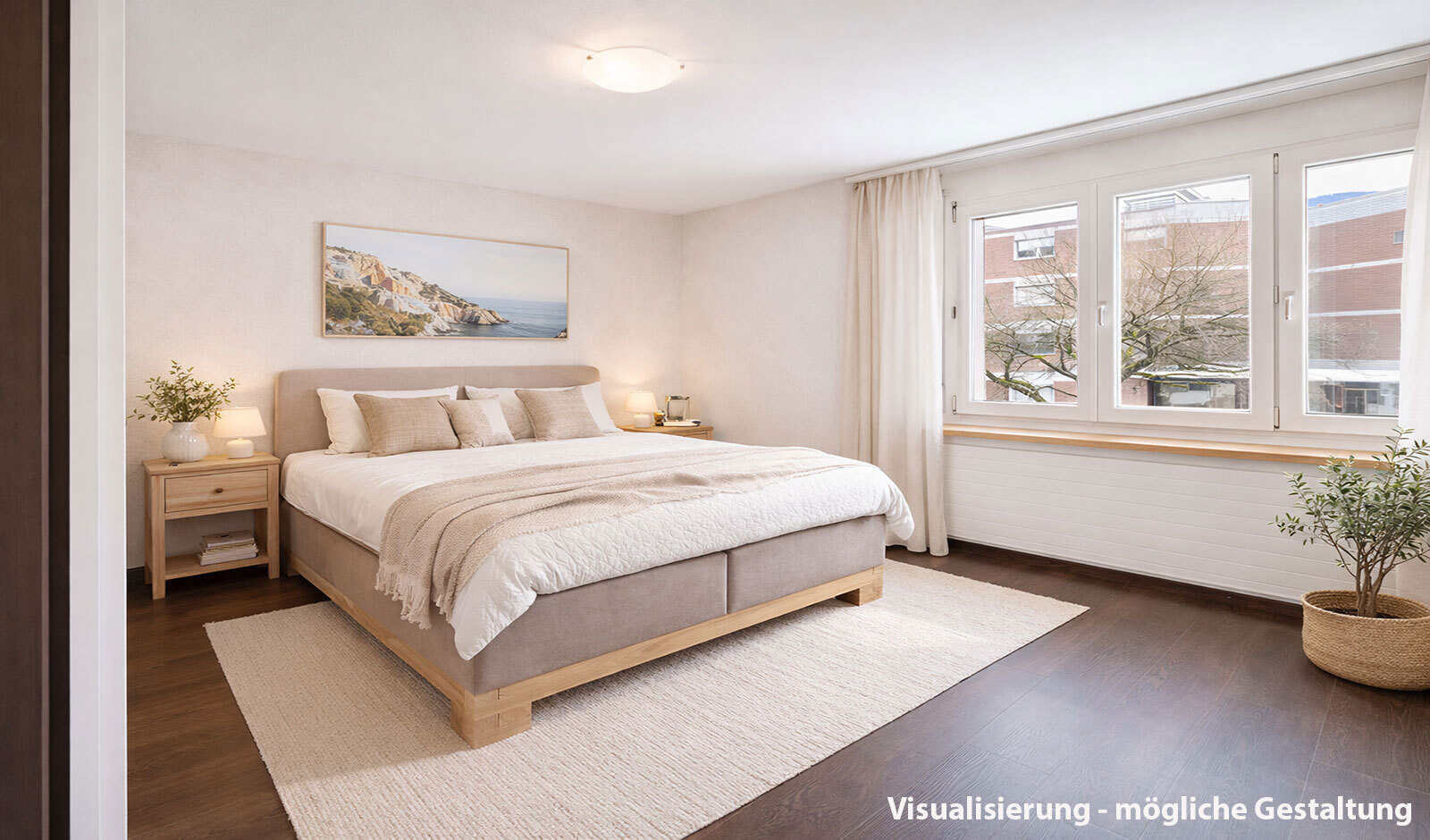 Helles, minimalistisches Schlafzimmer mit großem Fenster
