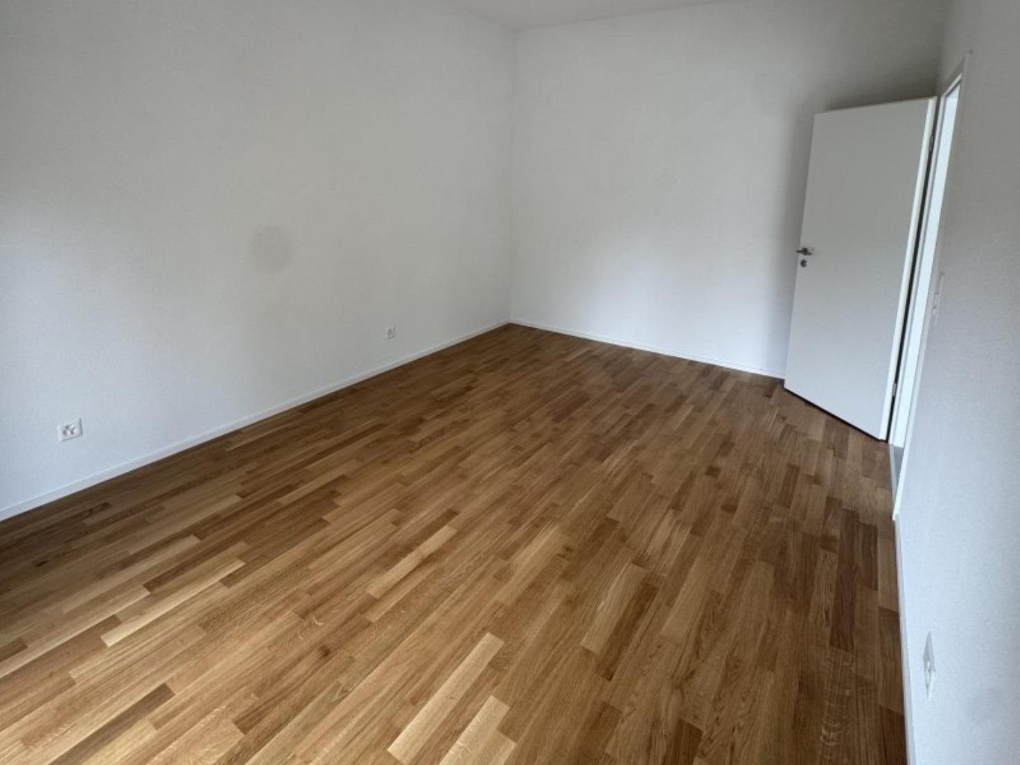 Leerer, frisch renovierter Raum mit Holzfußboden