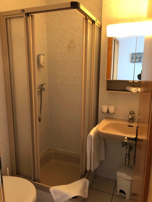 Kleines Badezimmer mit Dusche und Waschtisch