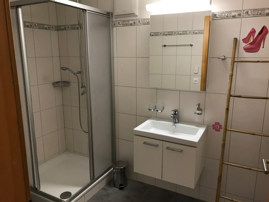 Badezimmer mit Dusche und Waschtisch