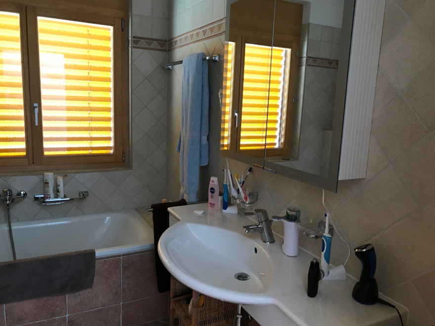 Badezimmer mit Badewanne und Waschtisch
