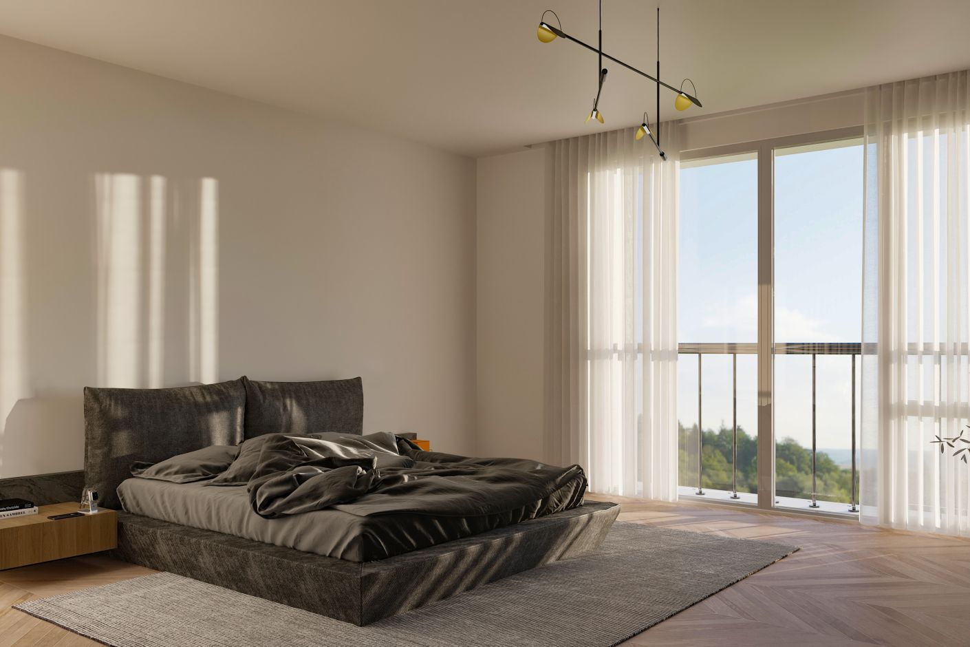 Helles Schlafzimmer mit Balkon und Tageslicht