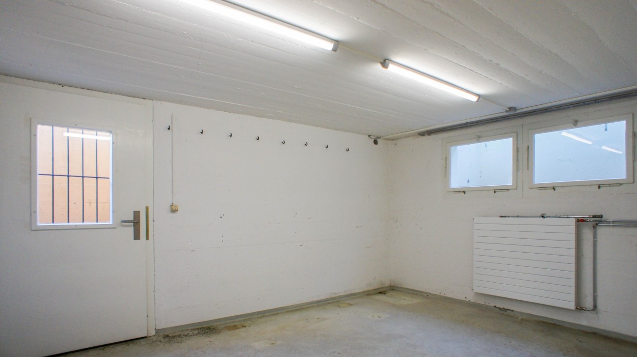 Keller- oder Hauswirtschaftsraum mit Tür, Fenstern und Heizung