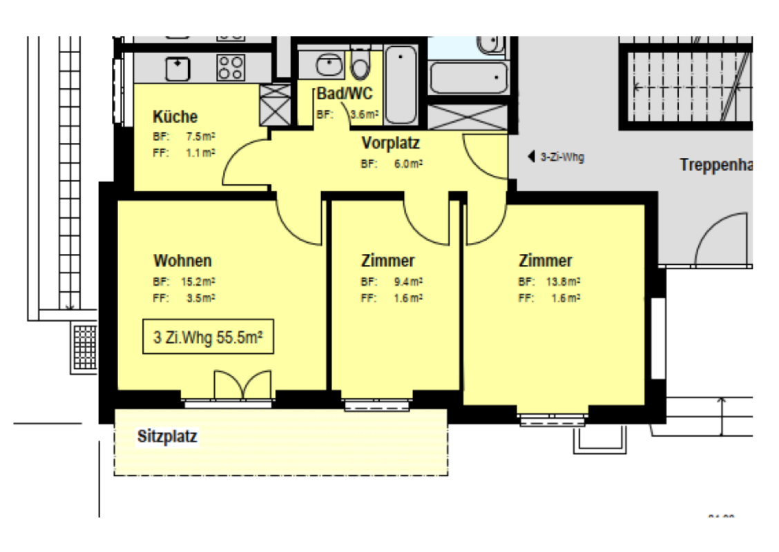 Grundriss einer 3-Zimmer-Wohnung