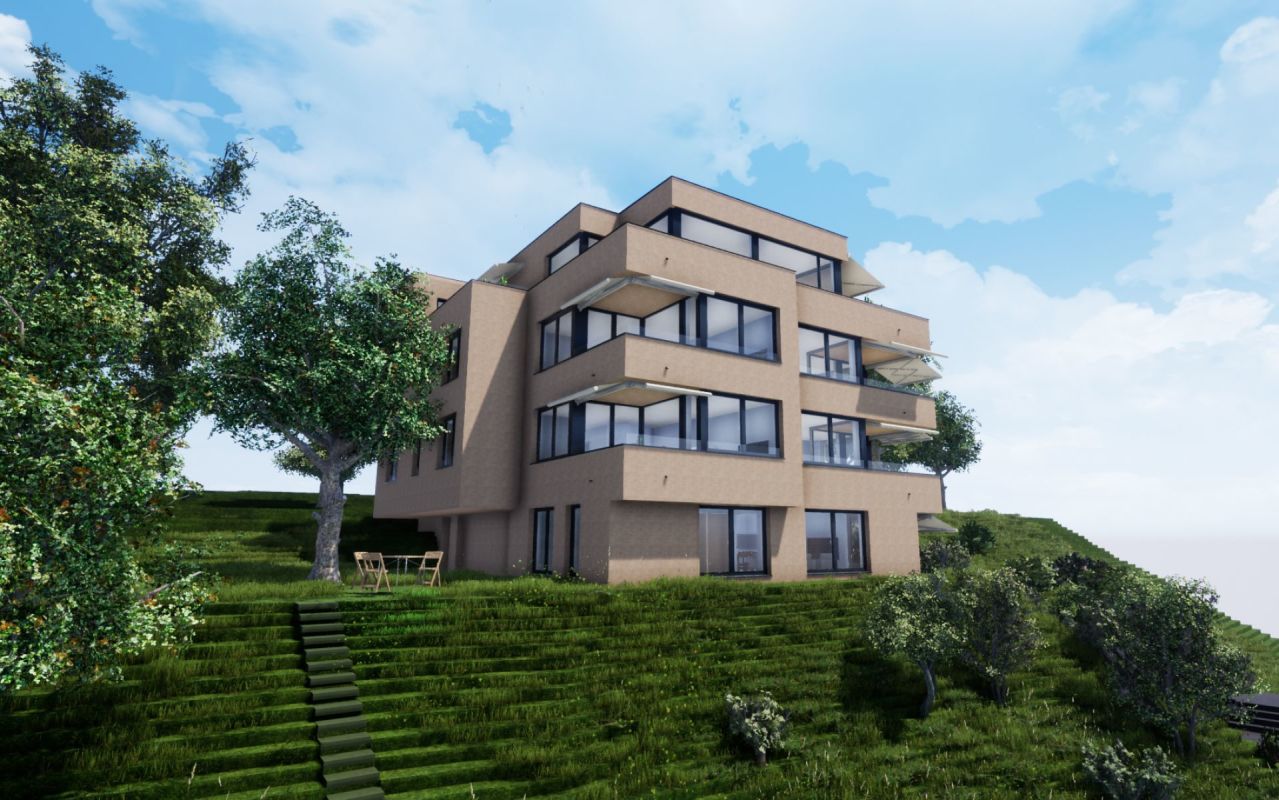Moderne Wohnanlage auf einem grünen Hanggrundstück