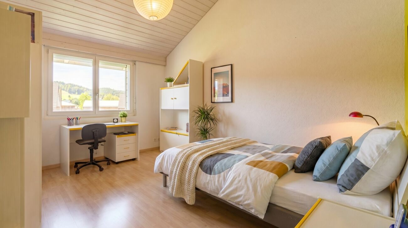 Helles Schlafzimmer mit Arbeitsplatz