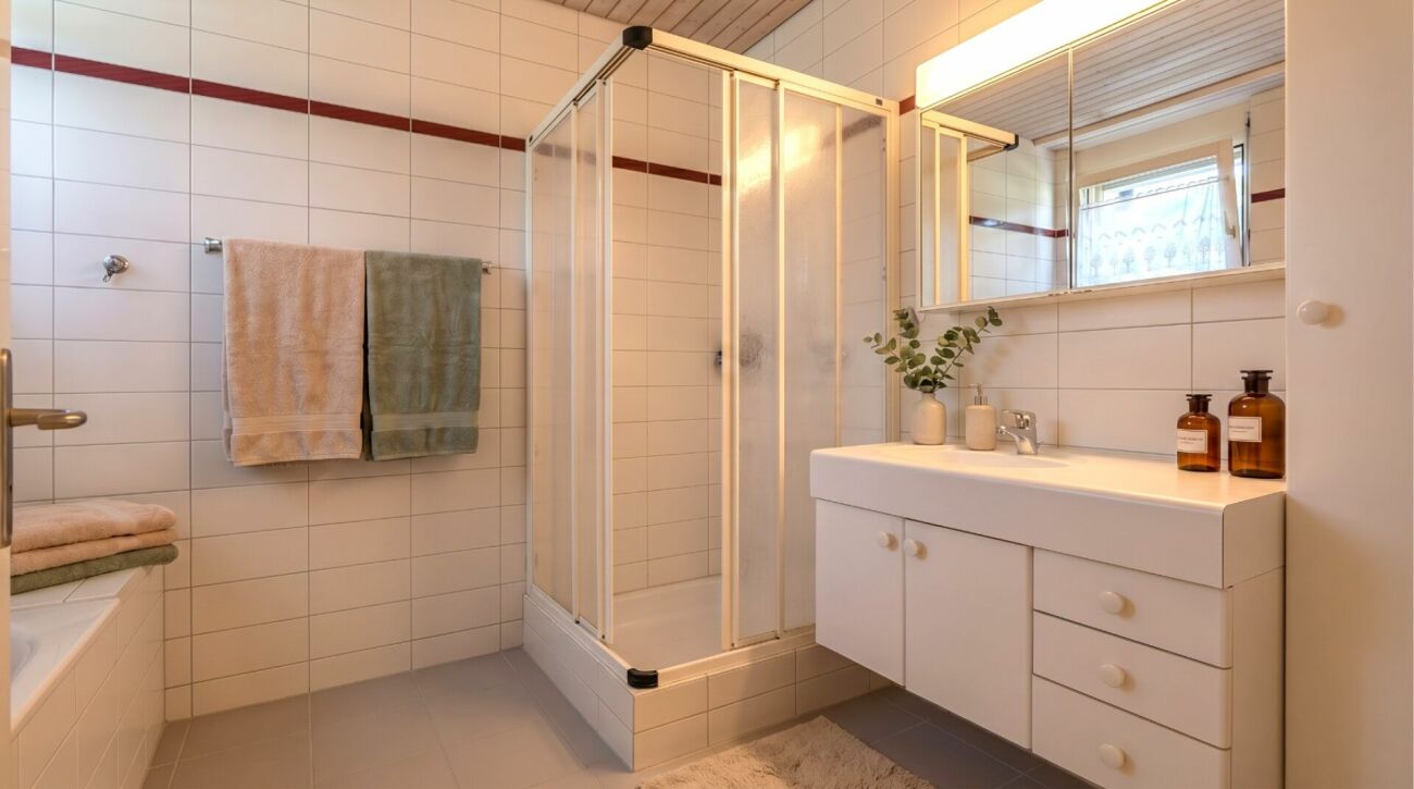 Helles Badezimmer mit Dusche und Waschtisch