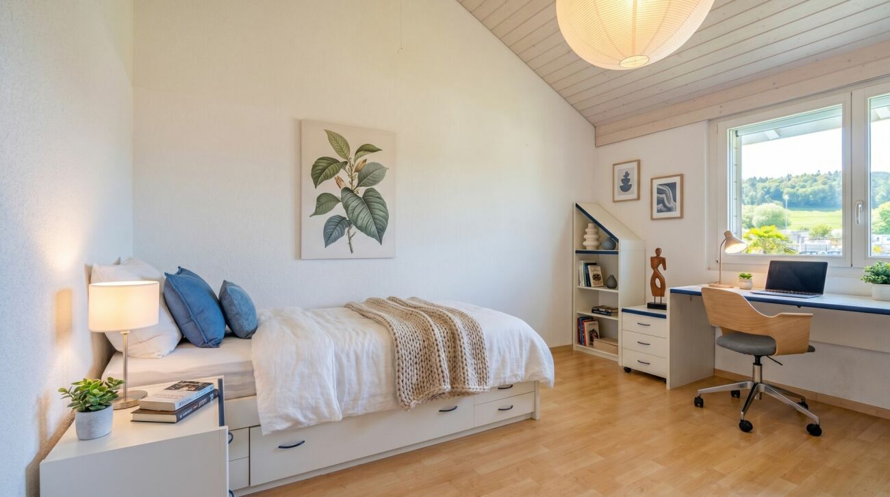 Helles Schlafzimmer mit Arbeitsbereich