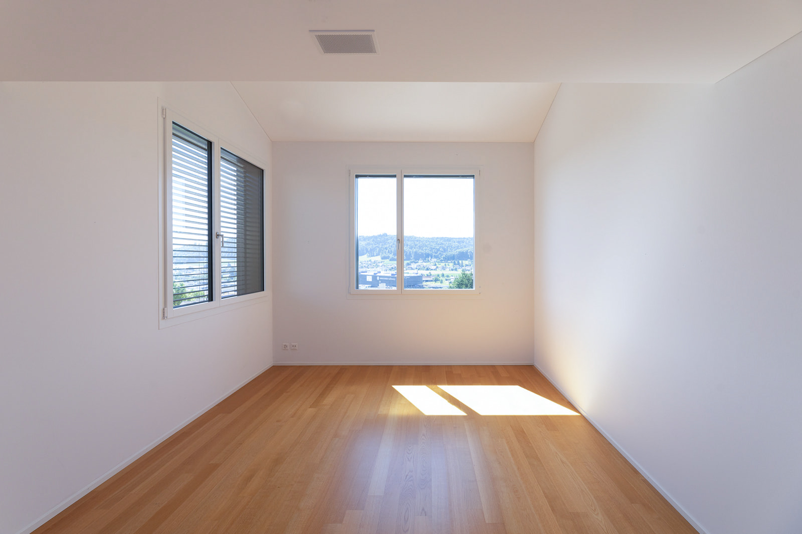 Helles leeres Zimmer mit Holzfußboden und Blick ins Grüne