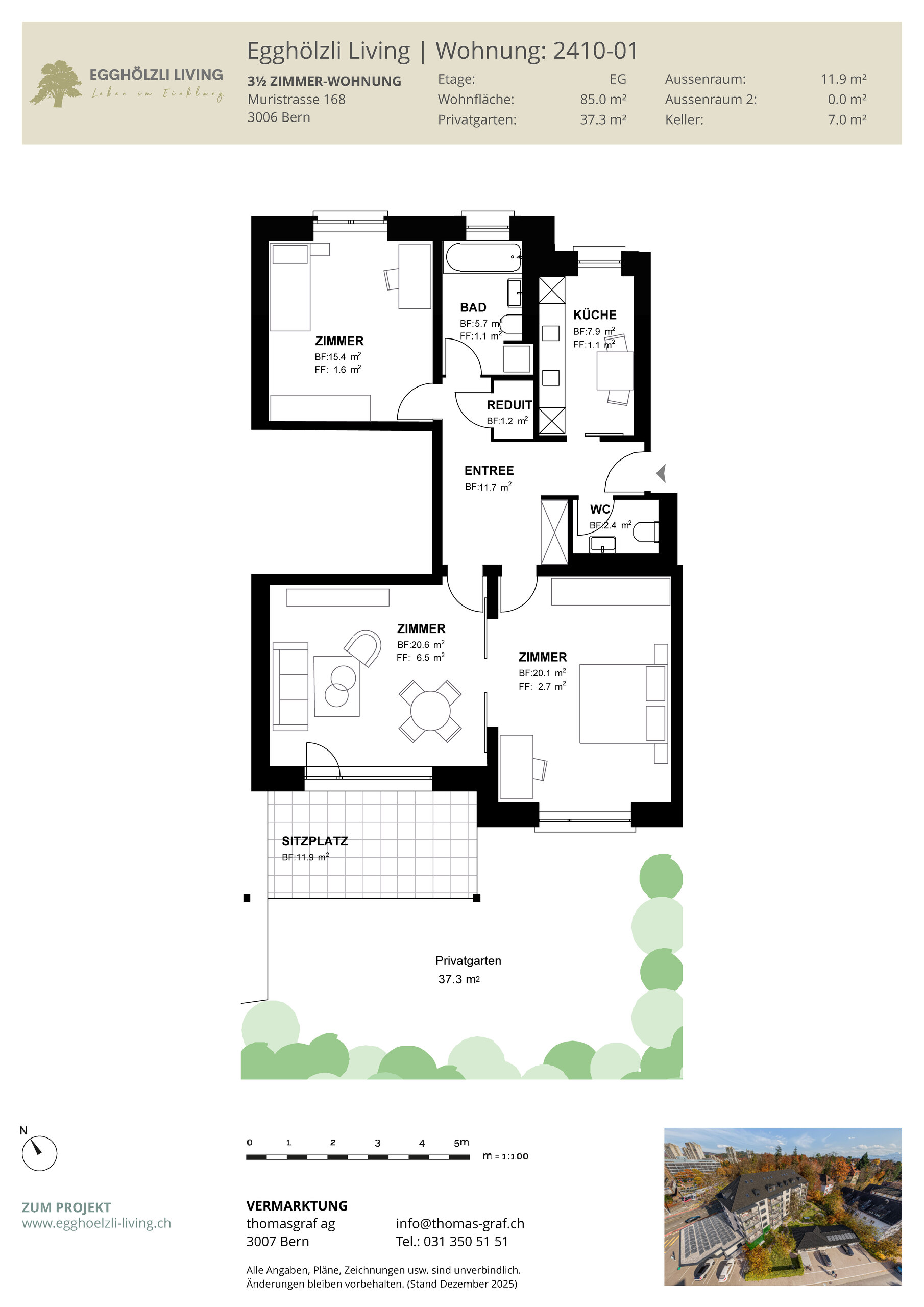 Grundriss einer 3,5-Zimmer-Wohnung mit Privatgarten