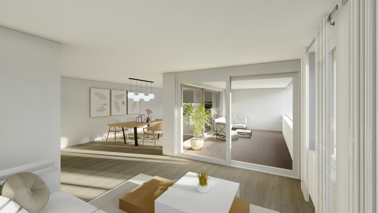Helles modernes Wohn-Esszimmer mit Balkon