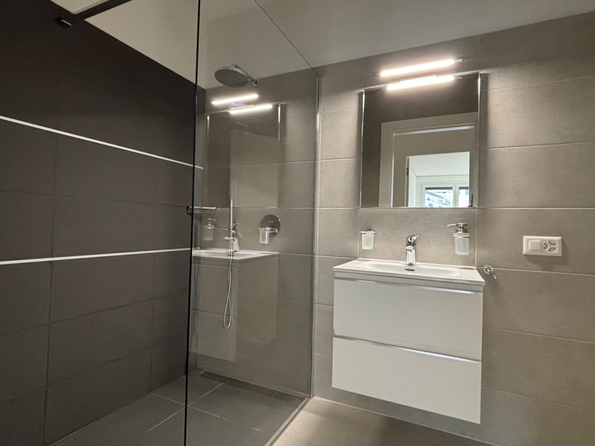 Modernes Badezimmer mit Glasdusche und Waschplatz