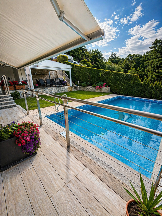 Poolterrasse mit Lounge und Garten