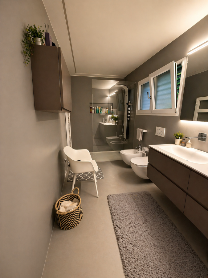 Modernes Badezimmer in Grau und Braun