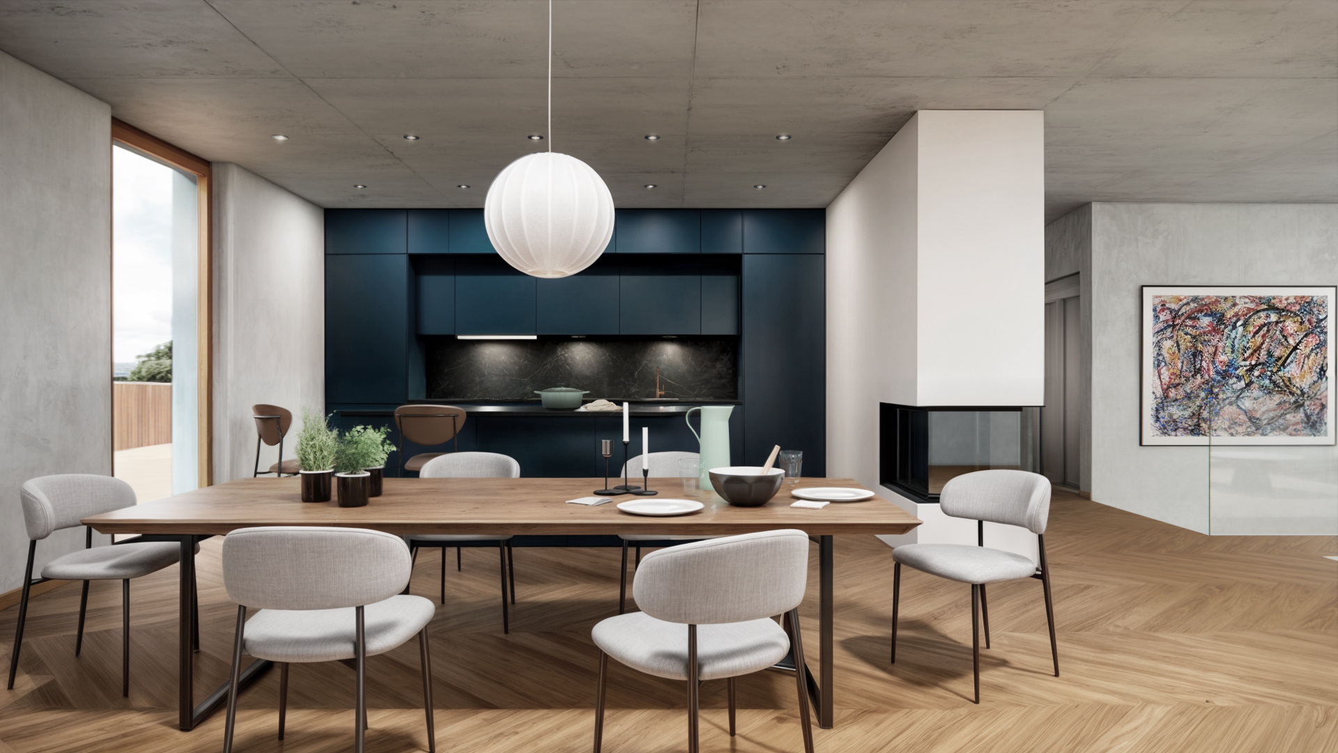 Offener Wohn- und Essbereich mit Designküche