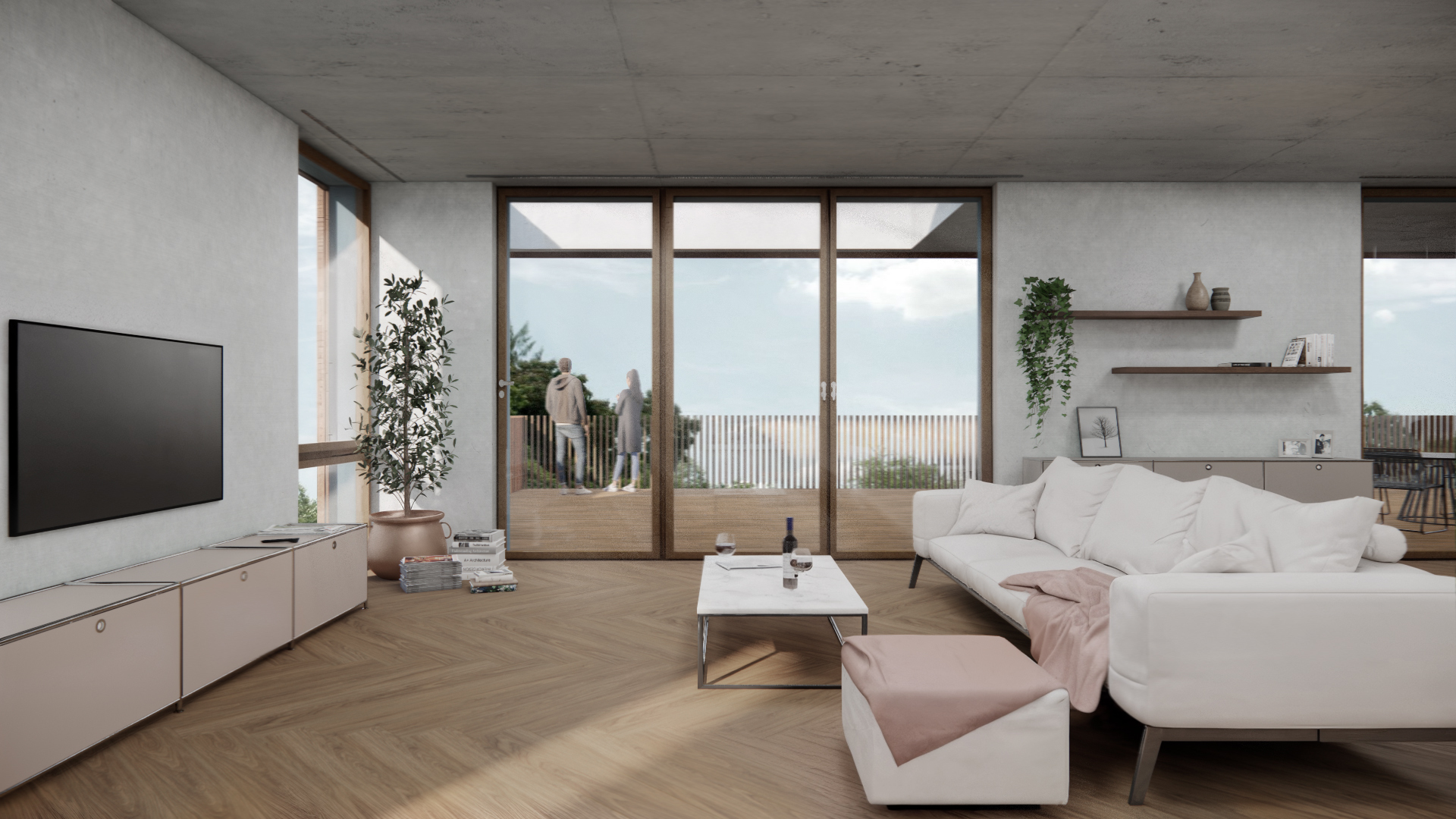 Modernes Wohnzimmer mit großer Glasfront