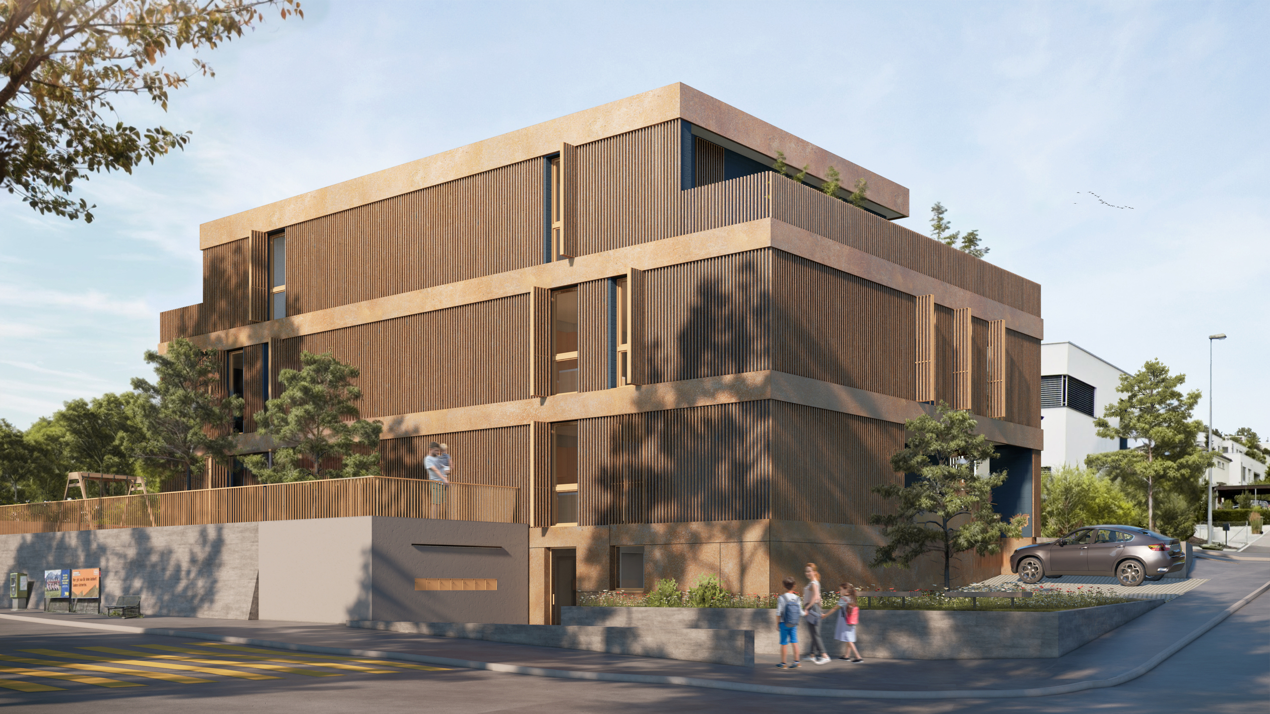 Modernes Mehrfamilienhaus mit Holzfassade