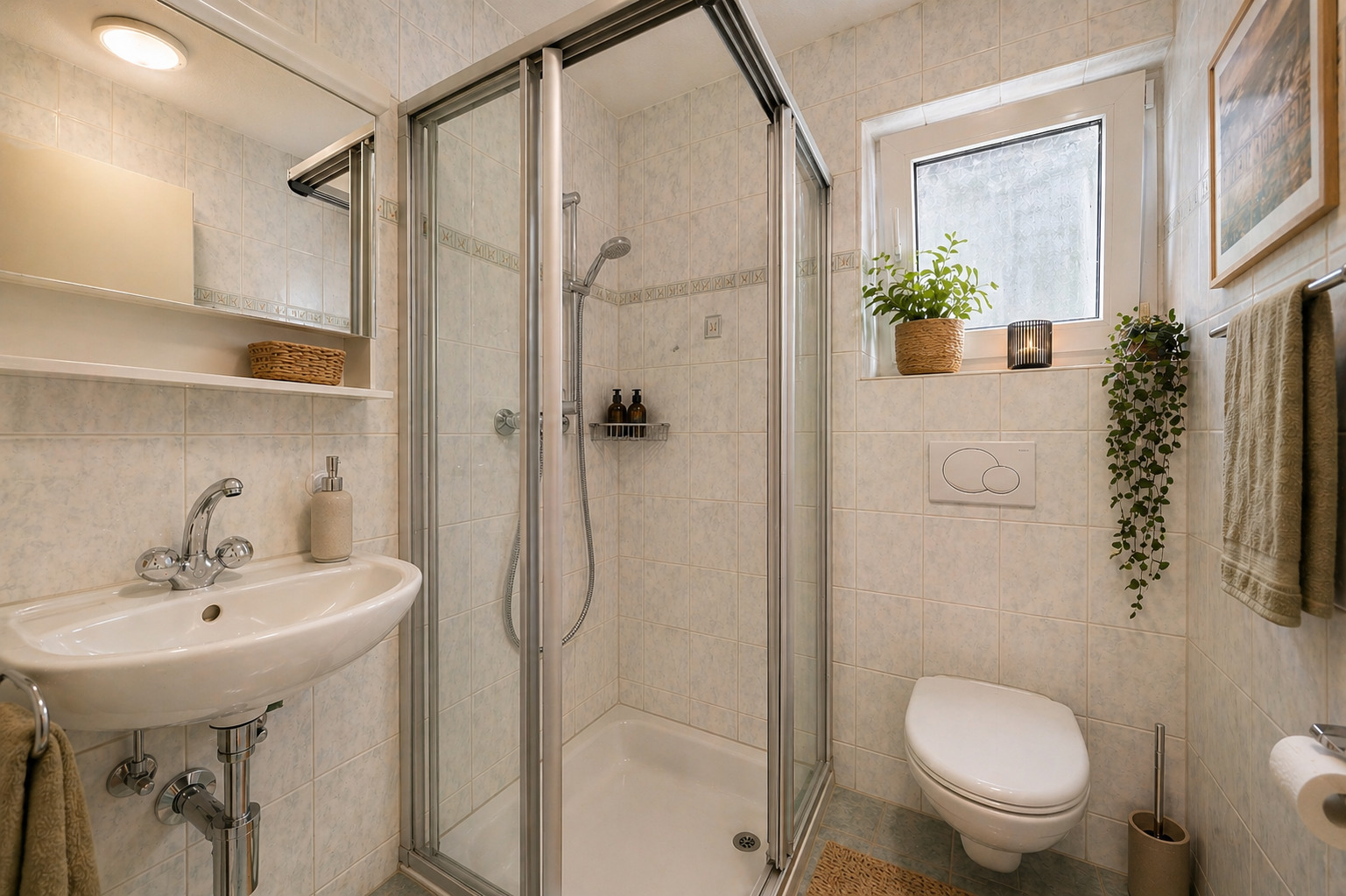 Kleines Bad mit Dusche, Waschtisch und WC