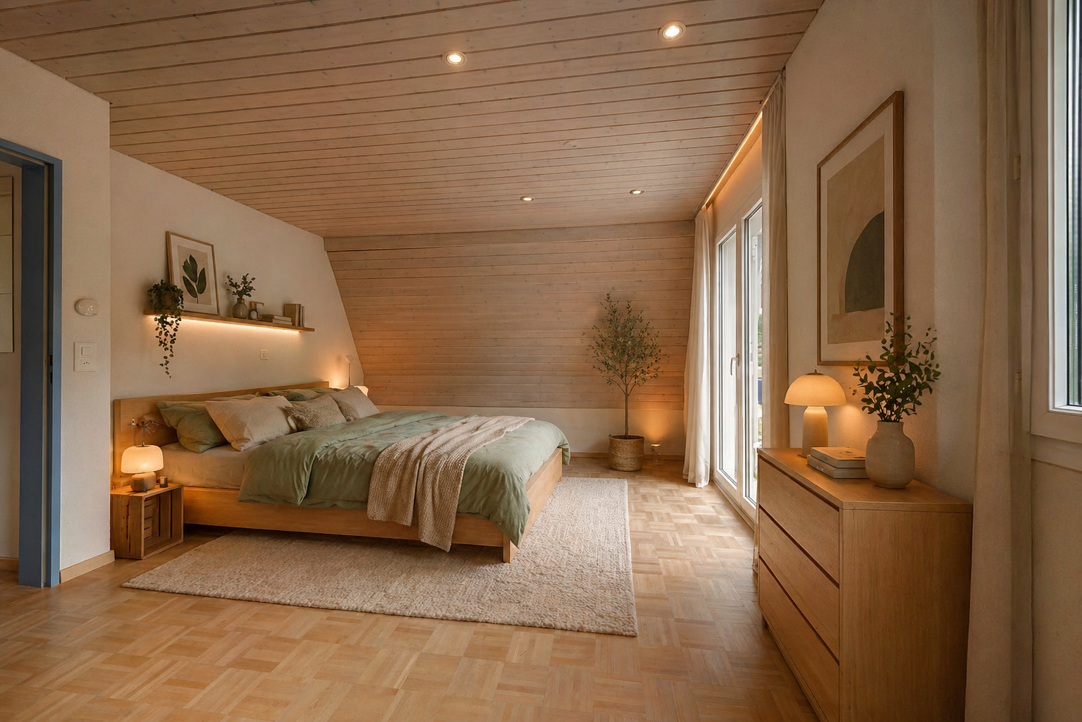 Gemütliches Schlafzimmer mit Holzverkleidung