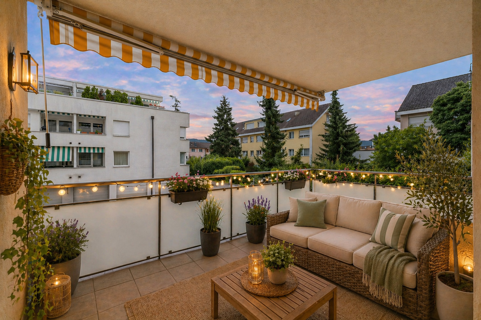 Gemütlicher Balkon bei Sonnenuntergang