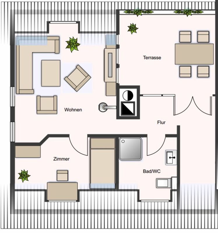 Grundriss einer Wohnung mit Wohnbereich, Zimmer, Flur, Bad/WC und Terrasse