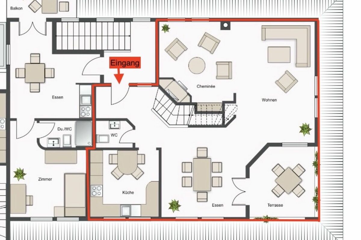 Grundriss eines Hauses mit markierten Wohnbereichen