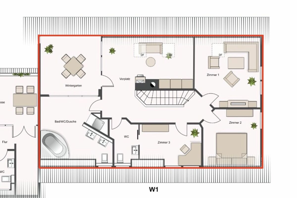 Grundriss mit Wintergarten und mehreren Zimmern