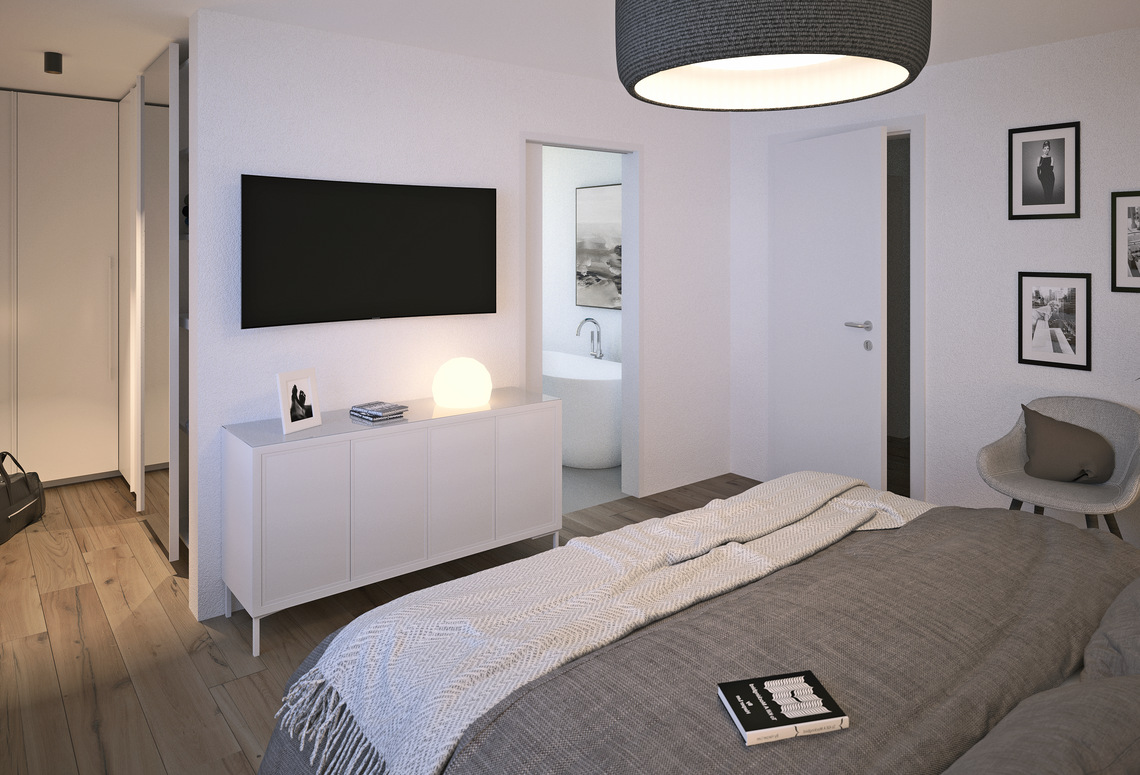 Modernes Schlafzimmer mit angrenzendem Bad