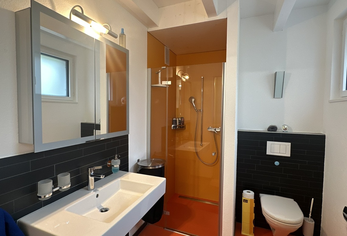 Modernes Badezimmer mit Dusche und Waschplatz
