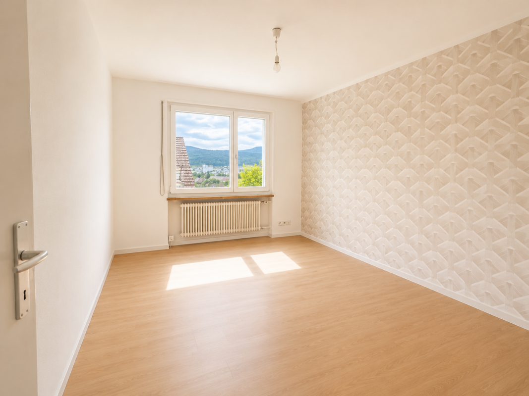Helles, leeres Zimmer mit Bergblick