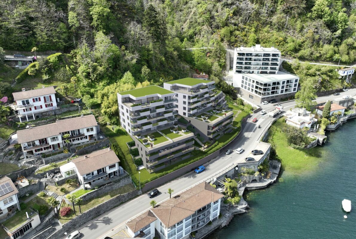 Luftaufnahme eines modernen Wohnkomplexes am Wasser