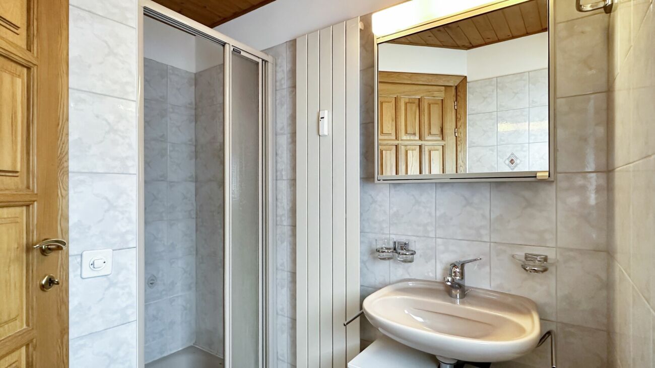 Badezimmer mit Dusche und Waschbecken