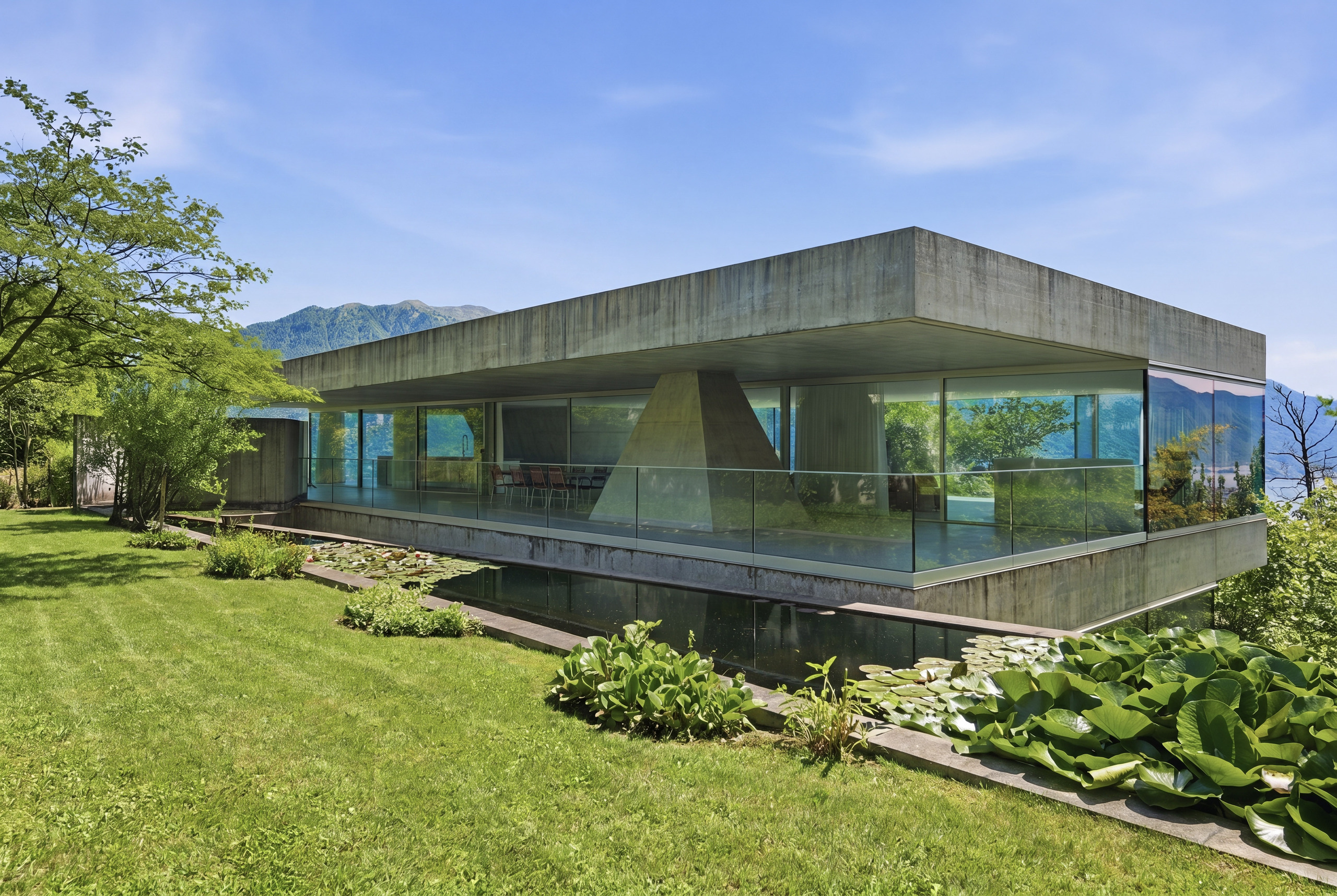 Modernes Betonhaus mit großem Garten und Bergblick