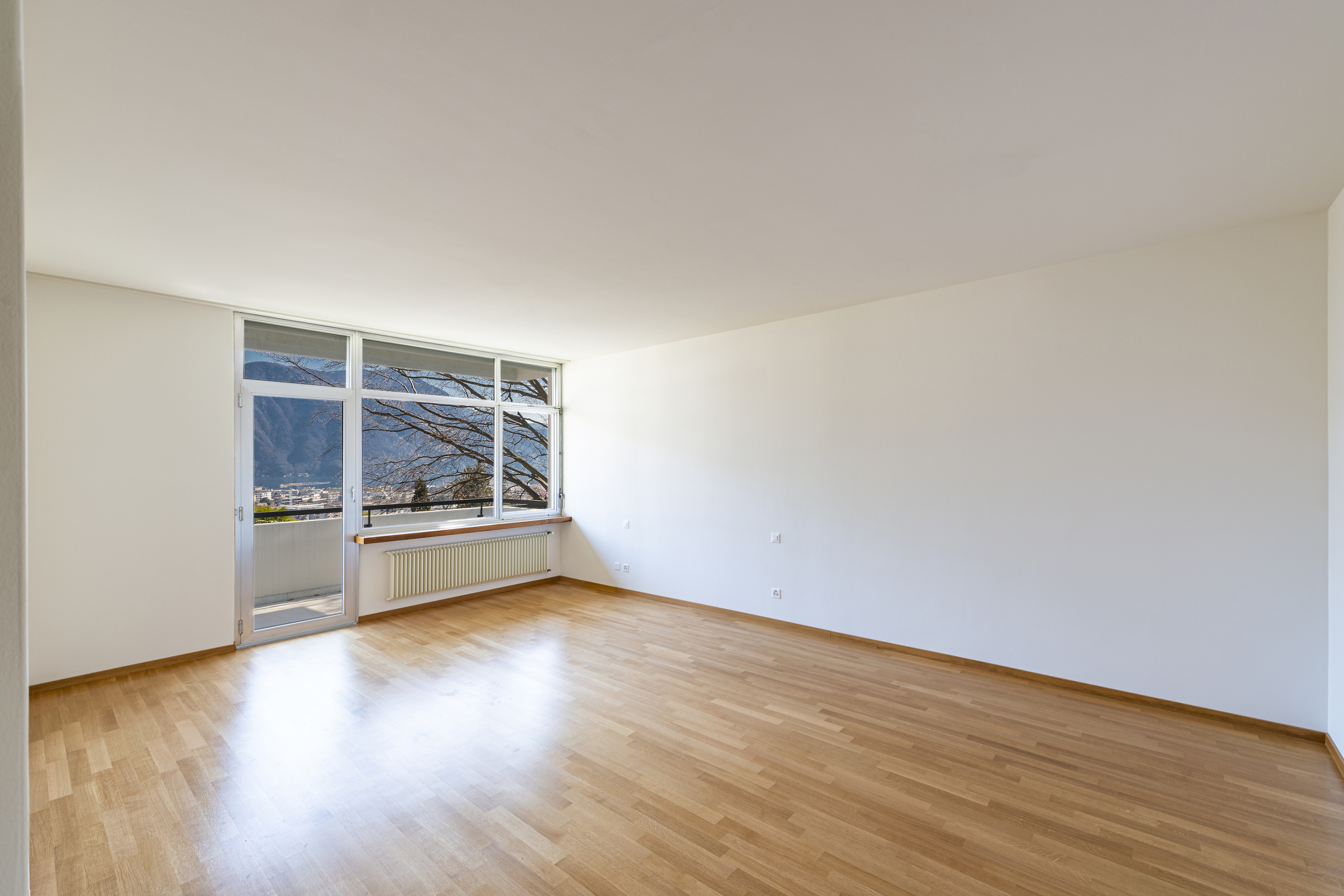 Heller leerer Wohnraum mit Balkon und Bergblick
