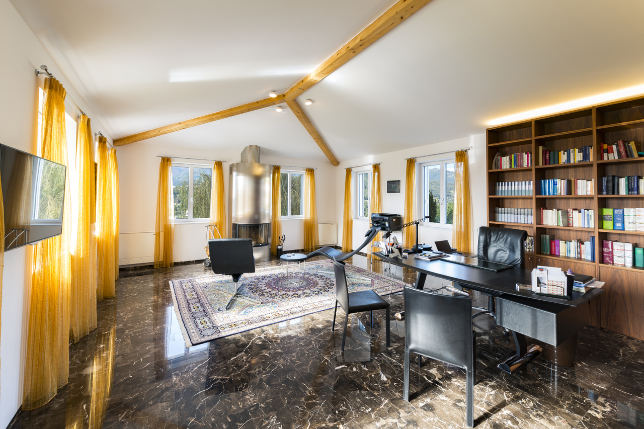 Helles Arbeitszimmer mit Kamin und Bücherregal