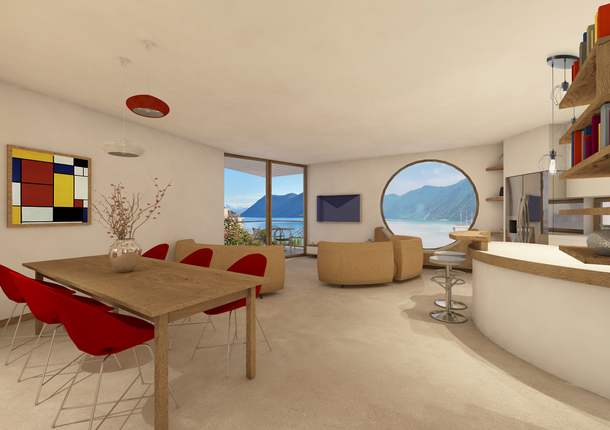 Modernes Wohn-Esszimmer mit Seeblick