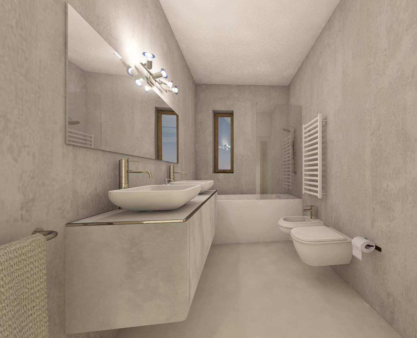 Modernes Badezimmer mit Doppelwaschtisch und Badewanne